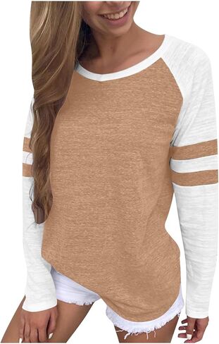 Shirts for Women 2025 Long Sleeve Color Block Casual Crewneck Tops Basic Tee Fall Fashion Blouse Trendy Outfits in Kuwait