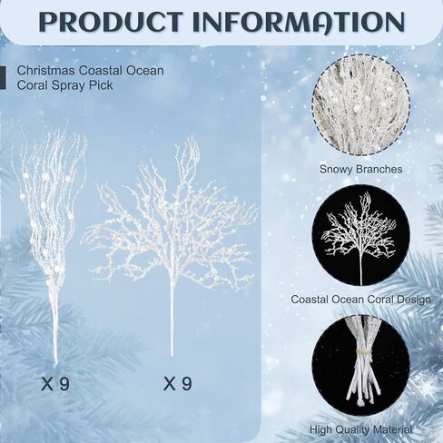 Namalu 18 Pcs Ocean Christmas Tree Picks Sprays 15 Inches Coral Ornament Coastal Teal Ocean Branch Picks Xmas Ornament Glitter Berry Stick Ornaments, Branches Sea Glass Holiday Wedding Winter Decorate in Kuwait