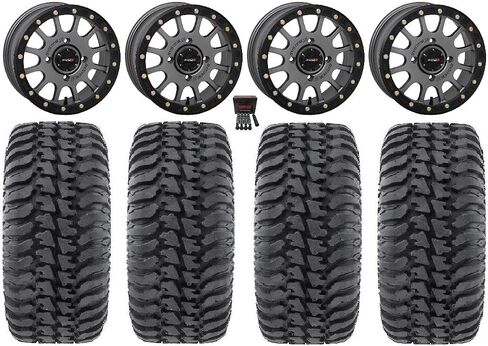 Bundle - 9 Items: System 3 SB-5 Grey 14" Wheels 28" Regulator Tires [4x137 Bolt Pattern 10mmx1.25 Lug Kit] in Saudi Arabia