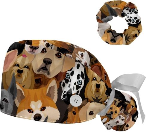 Adjustable Brown Dachshund Dog Blue Surgical Scrub Cap with Button,Sweatband for Women with Bow Hair Scrunchy in Kuwait