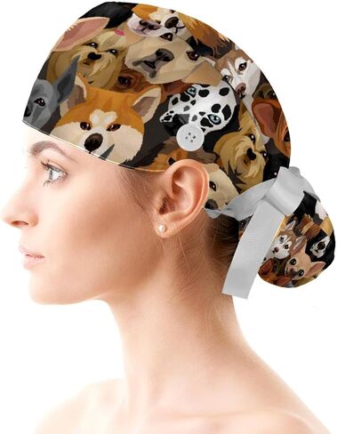 Adjustable Brown Dachshund Dog Blue Surgical Scrub Cap with Button,Sweatband for Women with Bow Hair Scrunchy in Kuwait