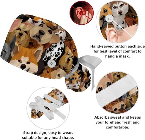 Adjustable Brown Dachshund Dog Blue Surgical Scrub Cap with Button,Sweatband for Women with Bow Hair Scrunchy in Kuwait