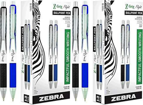 قلم الحمار الوحشي Z-Grip Flight، مجموعة كبيرة الحجم مكونة من 6 أحبار سوداء و6 أقلام حبر جاف قابلة للسحب (إجمالي 12 قلمًا)، نقطة جريئة 1.2 مم، أقلام حبر in Saudi Arabia