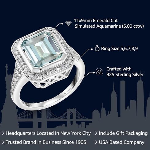 Gem Stone King 5.00 Cttw Simulated Aquamarine Ring For Women | 925 Sterling Silver | Emerald Cut 11X9MM in Saudi Arabia