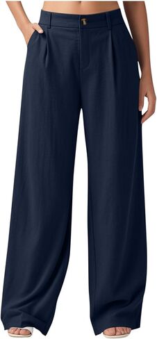 Women's Cotton Linen Pants Wide Leg Work Dressy with Pockets High Waisted Business Casual Loose Button Beach Slacks in Saudi Arabia