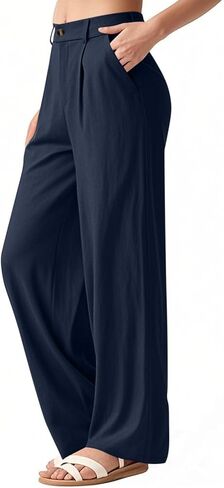 Women's Cotton Linen Pants Wide Leg Work Dressy with Pockets High Waisted Business Casual Loose Button Beach Slacks in Saudi Arabia