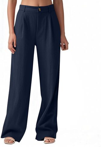 Women's Cotton Linen Pants Wide Leg Work Dressy with Pockets High Waisted Business Casual Loose Button Beach Slacks in Saudi Arabia