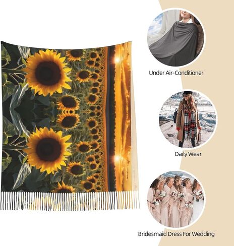 Sunflowers Print Fringe Scarf-Wool-Like Scarf, With Elegant Tassels, Light And Warm Fashion Scarves For Men And Women in Saudi Arabia