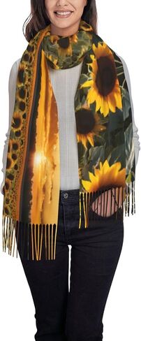Sunflowers Print Fringe Scarf-Wool-Like Scarf, With Elegant Tassels, Light And Warm Fashion Scarves For Men And Women in Saudi Arabia