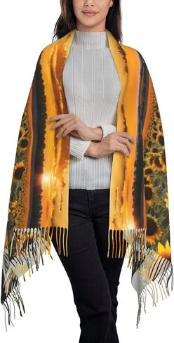 Sunflowers Print Fringe Scarf-Wool-Like Scarf, With Elegant Tassels, Light And Warm Fashion Scarves For Men And Women in Saudi Arabia