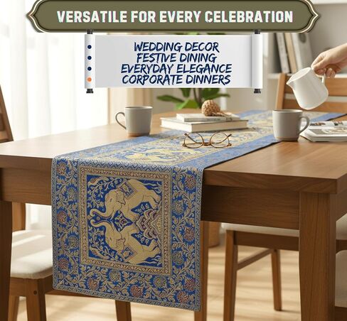 مفرش طاولة بتصميم فيل مقاس 60 × 16 بوصة مزخرف بالحرير لطاولة المطبخ العرقية لحفلات الزفاف وحفلات أعياد الميلاد باللون البرتقالي 1 in Kuwait