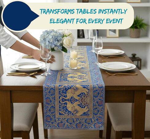 مفرش طاولة بتصميم فيل مقاس 60 × 16 بوصة مزخرف بالحرير لطاولة المطبخ العرقية لحفلات الزفاف وحفلات أعياد الميلاد باللون البرتقالي 1 in Kuwait