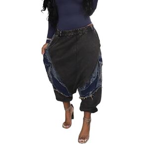 Women's Harem Denim Pants Elastic Waist Loose Cropped Cargo Barrel Jeans Casual Patchwork Ripped Trousers Pockets in Saudi Arabia