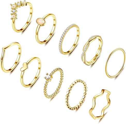 10PCS 14K Gold Plated Stacking Rings Set for Women Stackable Knuckle Opal CZ Heart Rings Simple Thumb Thin Gold Statement Rings Plain Band Rings Size 5-10 in Saudi Arabia