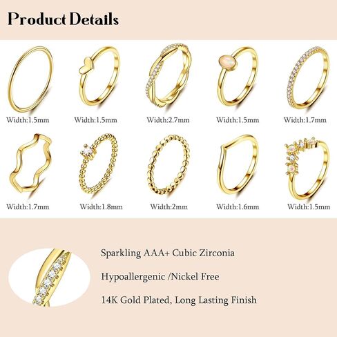10PCS 14K Gold Plated Stacking Rings Set for Women Stackable Knuckle Opal CZ Heart Rings Simple Thumb Thin Gold Statement Rings Plain Band Rings Size 5-10 in Saudi Arabia