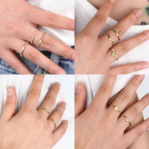10PCS 14K Gold Plated Stacking Rings Set for Women Stackable Knuckle Opal CZ Heart Rings Simple Thumb Thin Gold Statement Rings Plain Band Rings Size 5-10 in Saudi Arabia
