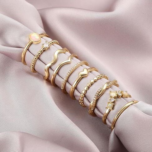10PCS 14K Gold Plated Stacking Rings Set for Women Stackable Knuckle Opal CZ Heart Rings Simple Thumb Thin Gold Statement Rings Plain Band Rings Size 5-10 in Saudi Arabia
