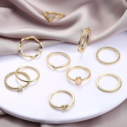 10PCS 14K Gold Plated Stacking Rings Set for Women Stackable Knuckle Opal CZ Heart Rings Simple Thumb Thin Gold Statement Rings Plain Band Rings Size 5-10 in Saudi Arabia