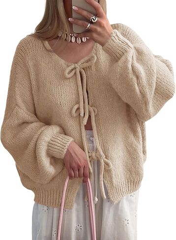 UNCLECAT Womens Bow Tie Front Cardigan Sweaters Oversized Fall Open Front Cardigans Cute Loose Knit Tops in Kuwait