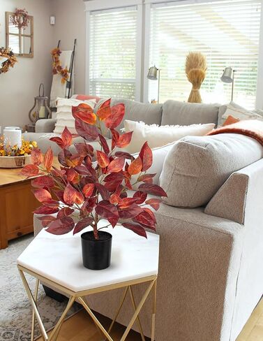 Briful 18.5" Fake Fall Eucalyptus Tree in Black Pot, Autumn Small Artificial Tree with Realistic Red Orange Leaves Faux Plants Indoor for Home Office Room Tabletop Mantel Thanksgiving Decor in Saudi Arabia