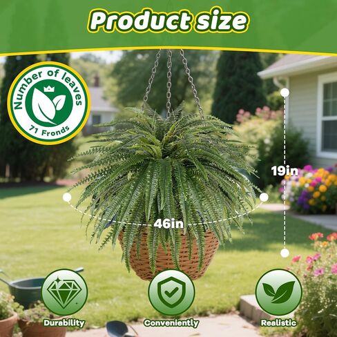 46" Artificial Fern Plants, Set of 2 Large Fake Ferns for Outdoors Indoor, Realistic Faux Boston Fern Bush with 71Fronds Each for Planter, Garden, Porch, Home Décor in Kuwait