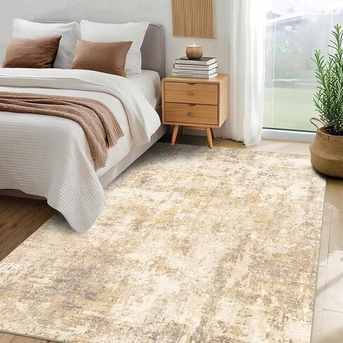 5x7 Modern Abstract Rug Washable Area Rugs for Living Room Bedroom Dining Room Non-Slip Low Pile Neutral Large Rug Soft Indoor Floor Carpet, Gold in Kuwait