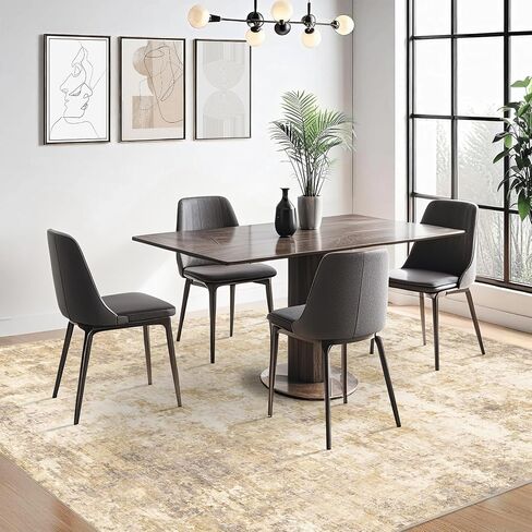 5x7 Modern Abstract Rug Washable Area Rugs for Living Room Bedroom Dining Room Non-Slip Low Pile Neutral Large Rug Soft Indoor Floor Carpet, Gold in Kuwait