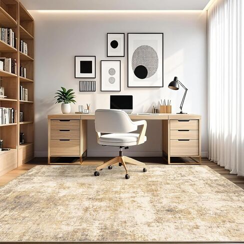 5x7 Modern Abstract Rug Washable Area Rugs for Living Room Bedroom Dining Room Non-Slip Low Pile Neutral Large Rug Soft Indoor Floor Carpet, Gold in Kuwait