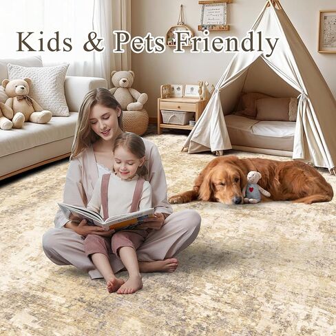 5x7 Modern Abstract Rug Washable Area Rugs for Living Room Bedroom Dining Room Non-Slip Low Pile Neutral Large Rug Soft Indoor Floor Carpet, Gold in Kuwait