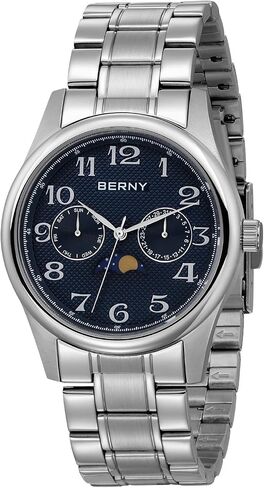 BERNY Silver Watch for Men Moon Phase Watches Multi-Function Quartz Wristwatch Easy Read Arabic Numerals Dial Analog Watches Stainless Steel Case Sub-dail with Date Day Calendar in Saudi Arabia