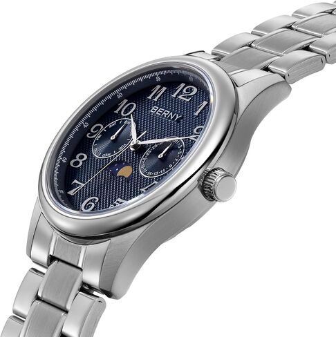 BERNY Silver Watch for Men Moon Phase Watches Multi-Function Quartz Wristwatch Easy Read Arabic Numerals Dial Analog Watches Stainless Steel Case Sub-dail with Date Day Calendar in Saudi Arabia