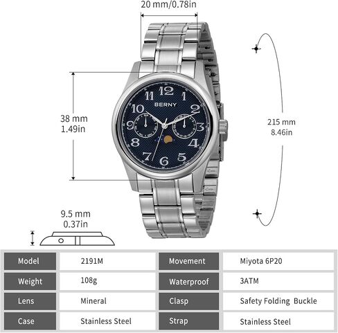 BERNY Silver Watch for Men Moon Phase Watches Multi-Function Quartz Wristwatch Easy Read Arabic Numerals Dial Analog Watches Stainless Steel Case Sub-dail with Date Day Calendar in Saudi Arabia