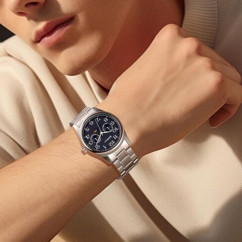 BERNY Silver Watch for Men Moon Phase Watches Multi-Function Quartz Wristwatch Easy Read Arabic Numerals Dial Analog Watches Stainless Steel Case Sub-dail with Date Day Calendar in Saudi Arabia