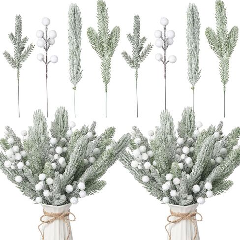 Giegxin 65 Pieces Christmas Snowy Floral Picks Artificial White Berry Pine Branches with Pine Cones Christmas Tree Pick Snow Frosted Greenery Stem for Xmas Tree DIY Garland Craft Winter Garland Wreath in Saudi Arabia