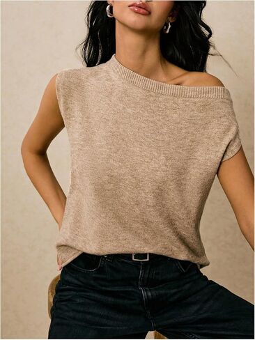 GORGLITTER Women's Off The Shoulder Sweater Asymmetrical Neck Short Sleeve Trendy Going Out Tops in Saudi Arabia