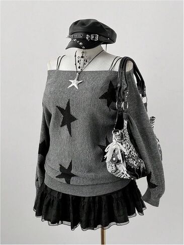 MakeMeChic Women's Plus Size Sweater Star Print Off The Shoulder Top Long Sleeve Knitted Pullover Tops in Saudi Arabia