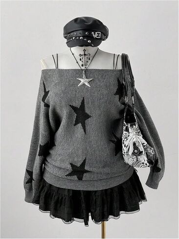 MakeMeChic Women's Plus Size Sweater Star Print Off The Shoulder Top Long Sleeve Knitted Pullover Tops in Saudi Arabia