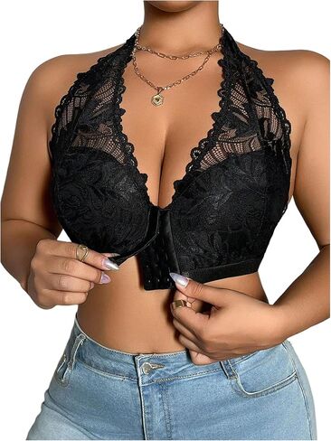 MakeMeChic Women's Plus Size Halter Floral Lace Bra Front Closure Backless Wireless Bralette in Saudi Arabia