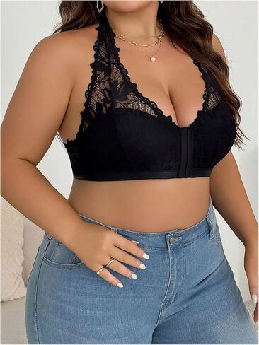 MakeMeChic Women's Plus Size Halter Floral Lace Bra Front Closure Backless Wireless Bralette in Saudi Arabia