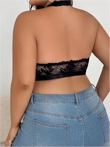MakeMeChic Women's Plus Size Halter Floral Lace Bra Front Closure Backless Wireless Bralette in Saudi Arabia