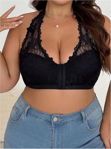 MakeMeChic Women's Plus Size Halter Floral Lace Bra Front Closure Backless Wireless Bralette in Saudi Arabia