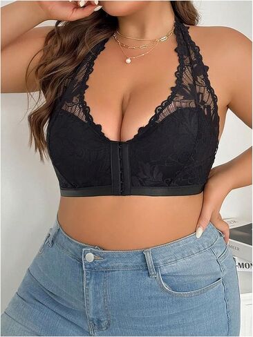 MakeMeChic Women's Plus Size Halter Floral Lace Bra Front Closure Backless Wireless Bralette in Saudi Arabia