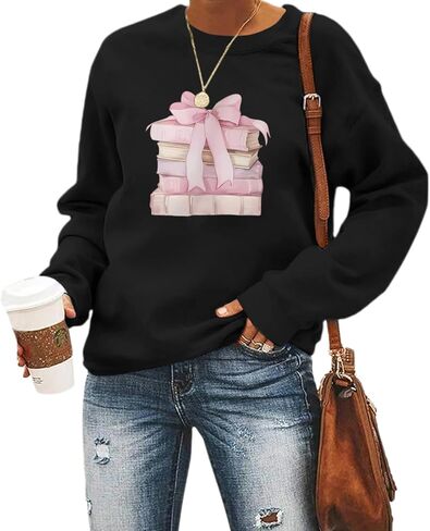Book Sweatshirts for Women Bow Bookish Sweatshirt Cute Graphic Crewneck Pullover Teacher Reading Long Sleeve Shirts in Saudi Arabia