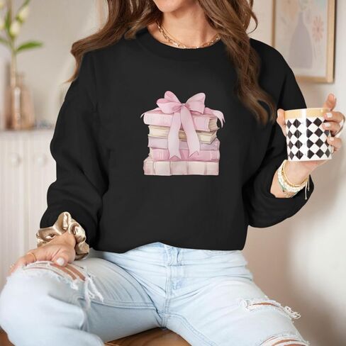 Book Sweatshirts for Women Bow Bookish Sweatshirt Cute Graphic Crewneck Pullover Teacher Reading Long Sleeve Shirts in Saudi Arabia