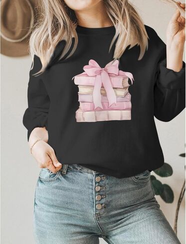 Book Sweatshirts for Women Bow Bookish Sweatshirt Cute Graphic Crewneck Pullover Teacher Reading Long Sleeve Shirts in Saudi Arabia