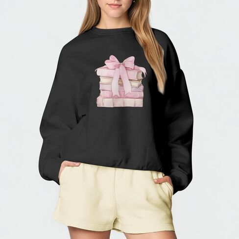 Book Sweatshirts for Women Bow Bookish Sweatshirt Cute Graphic Crewneck Pullover Teacher Reading Long Sleeve Shirts in Saudi Arabia
