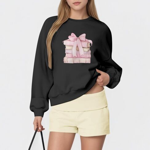 Book Sweatshirts for Women Bow Bookish Sweatshirt Cute Graphic Crewneck Pullover Teacher Reading Long Sleeve Shirts in Saudi Arabia