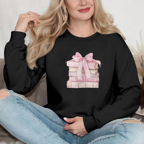 Book Sweatshirts for Women Bow Bookish Sweatshirt Cute Graphic Crewneck Pullover Teacher Reading Long Sleeve Shirts in Saudi Arabia