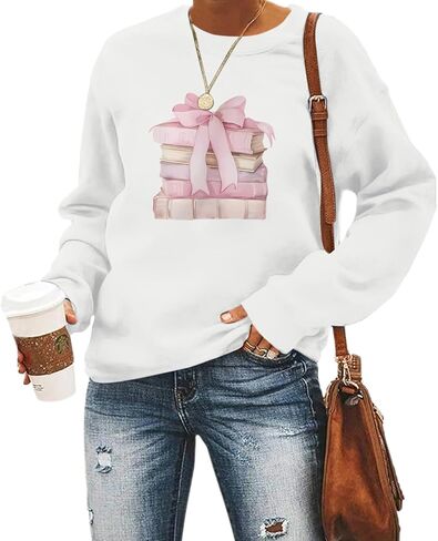 Book Sweatshirts for Women Bow Bookish Sweatshirt Cute Graphic Crewneck Pullover Teacher Reading Long Sleeve Shirts in Saudi Arabia