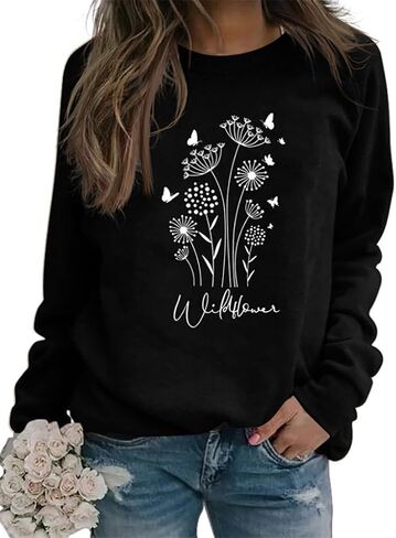 JBF Cloth Flower Sweatshirt Womens 80s Vintage Minimalistic Floral Printed Long Sleeves Sweatshirt Pullovers Tops in Kuwait